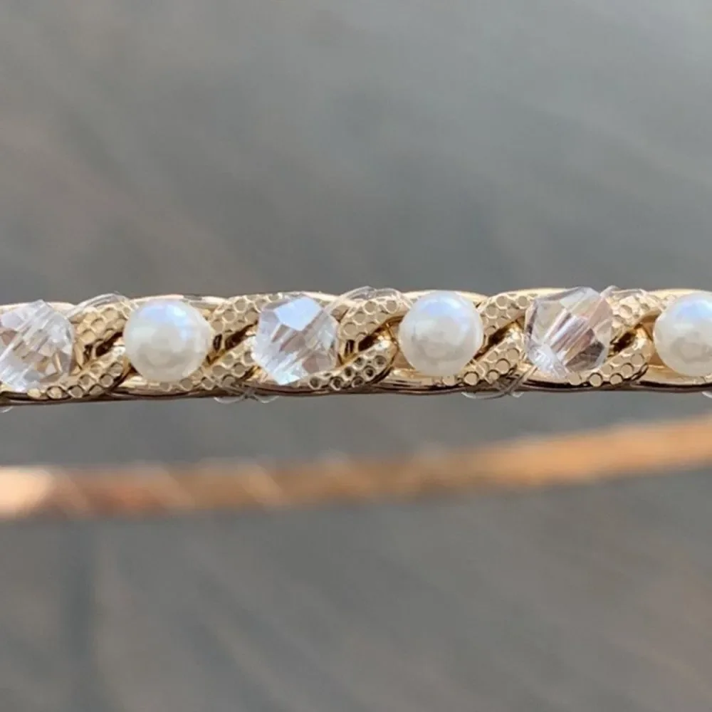 Thin Jeweled Headband with Pearls & Crystals - Dainty Golden Tone
